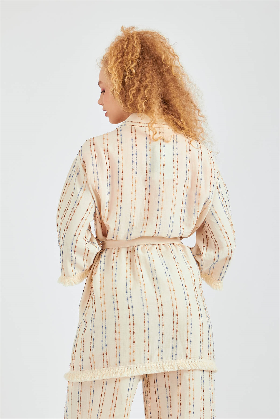 Püsküllü Kimono Ceket Naturel-Coral
