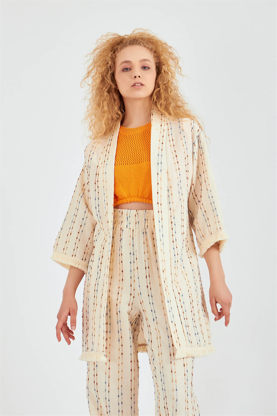 Püsküllü Kimono Ceket Naturel-Coral