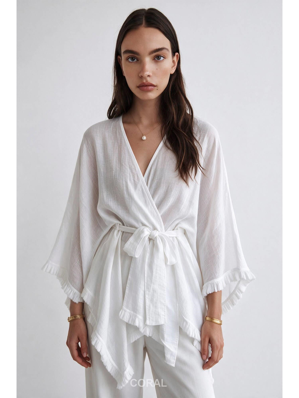 Püsküllü Organze Kimono 5101 BeyazCoral