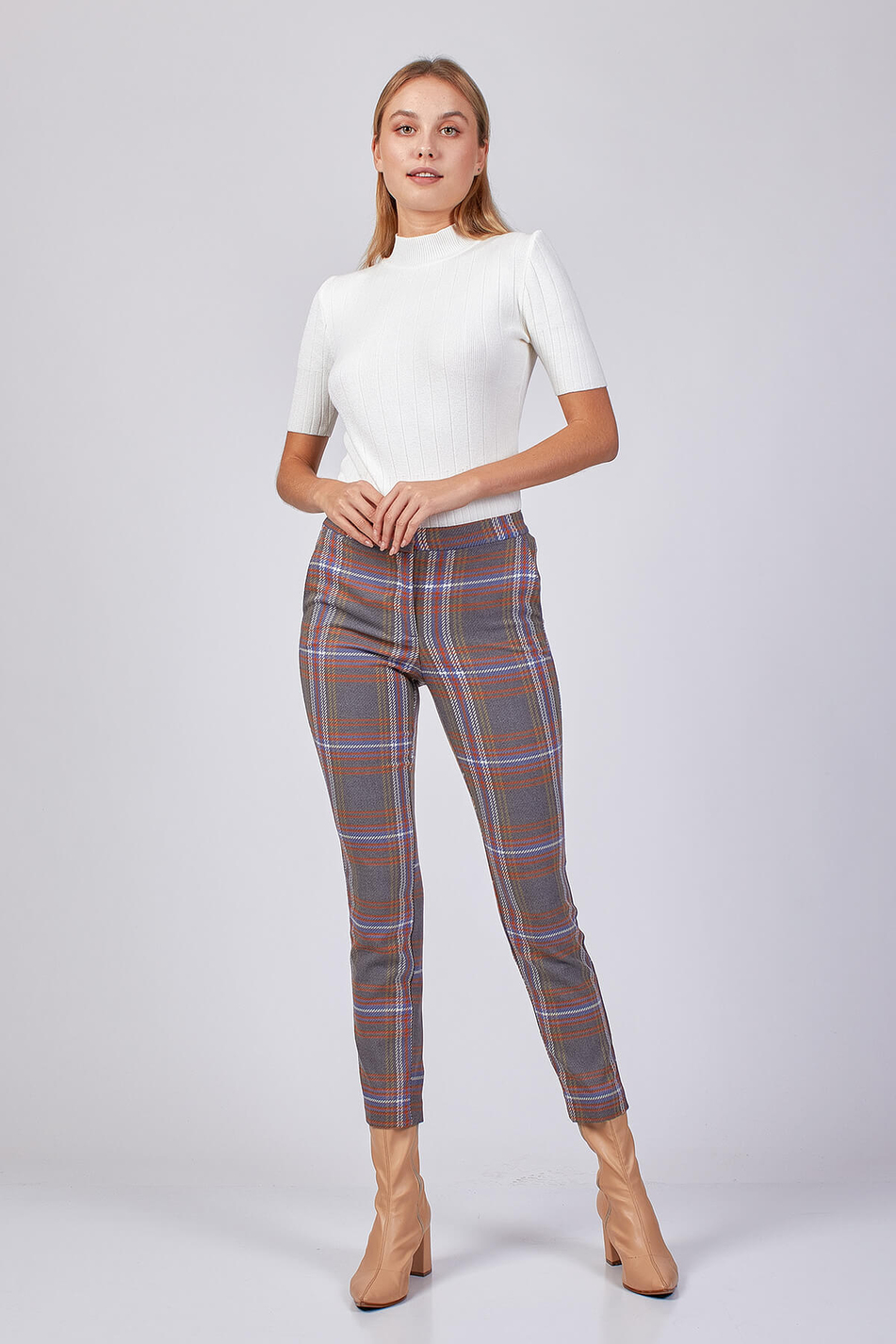 Random Ekoseli Pantolon Multı Tweed-Coral