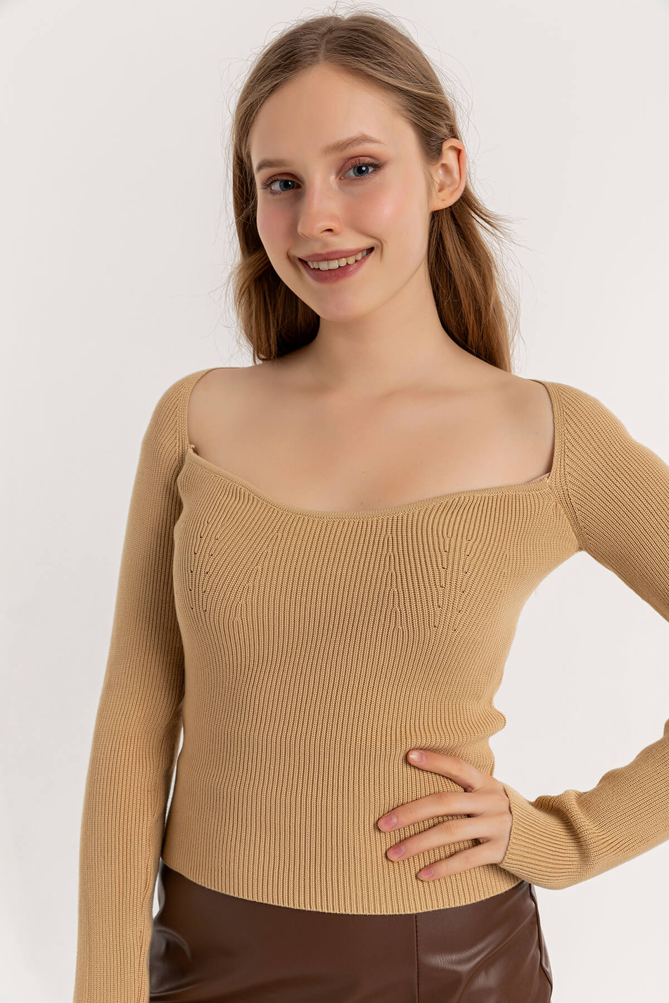 Reglan Kol Dekoliteli Kazak Camel-Coral