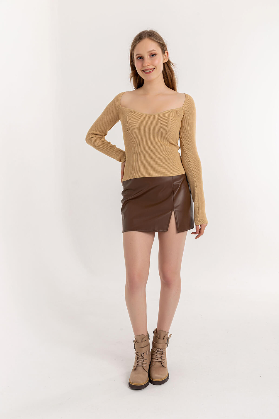 Reglan Kol Dekoliteli Kazak Camel-Coral