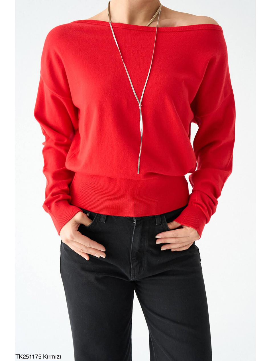 Saç Örgülü Degaje Yaka Kazak Tk251175 KırmızıCoral