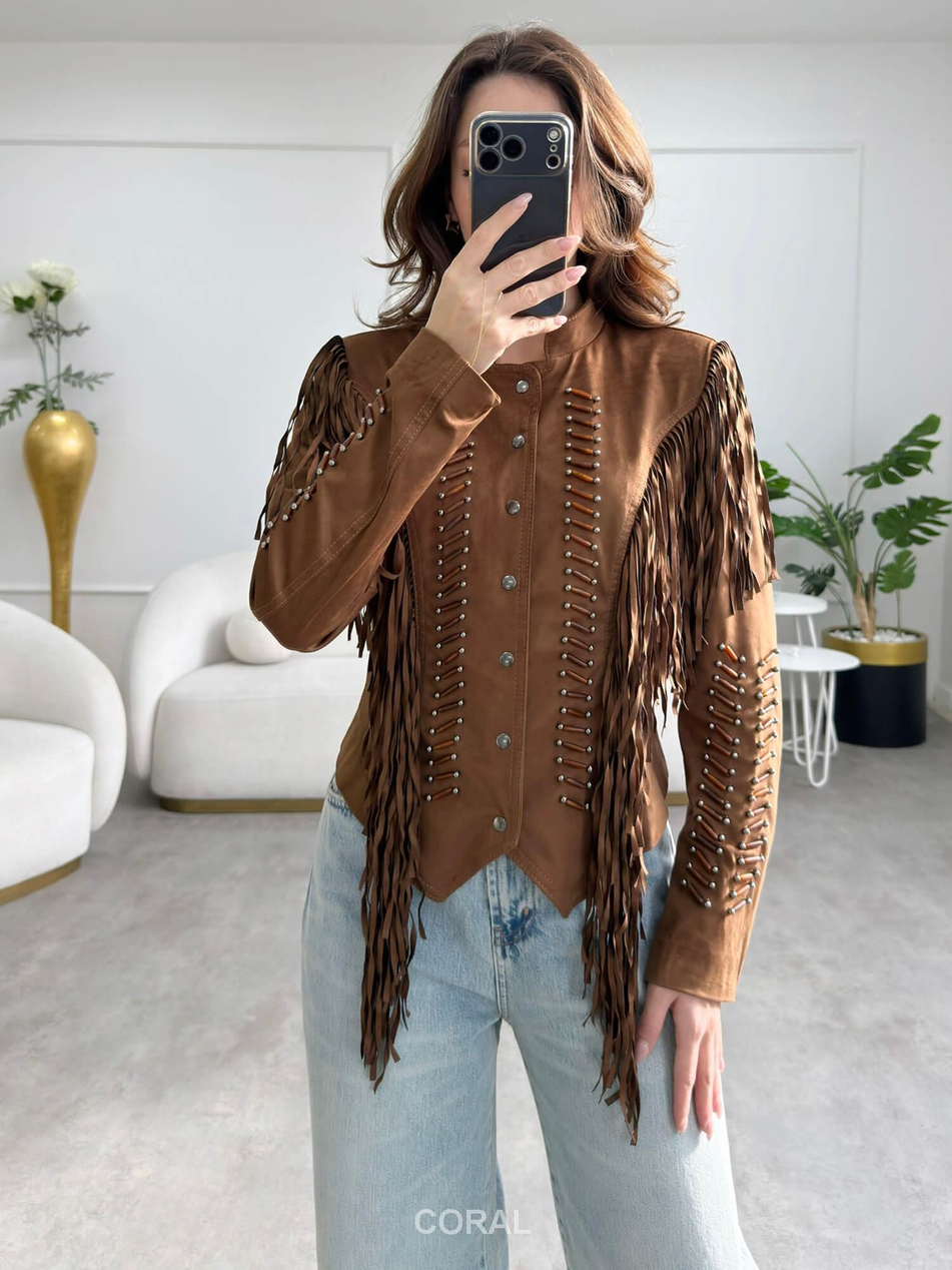 Saçaklı Süet Ceket 37812 CamelCoral