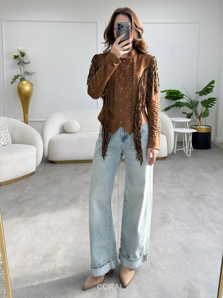 Saçaklı Süet Ceket 37812 CamelCoral