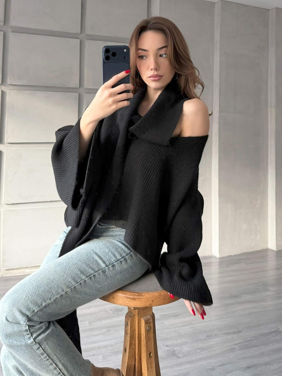 Şal Detaylı Kazak 4596 SiyahCoral