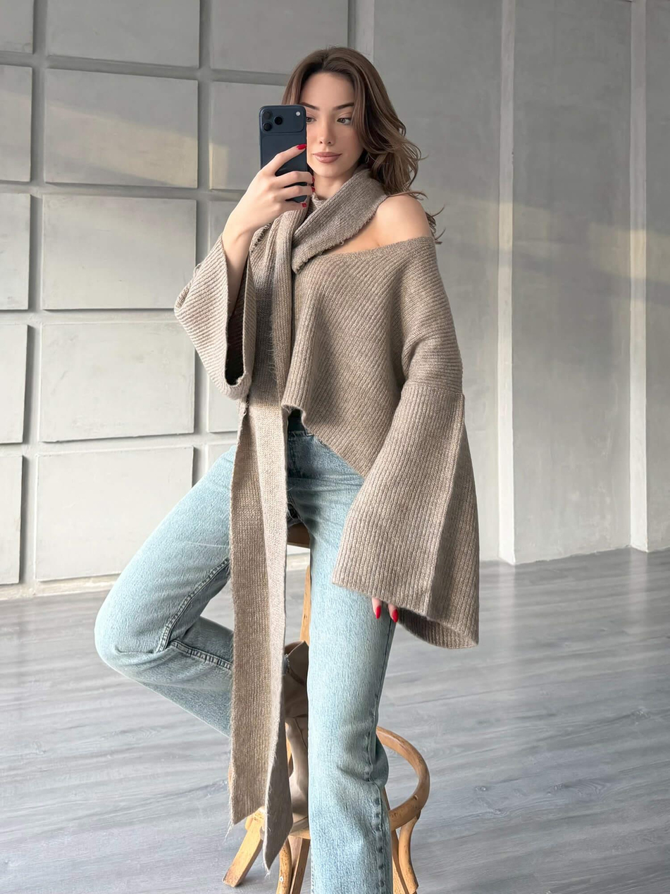 Şal Detaylı Kazak 4596 VizonCoral