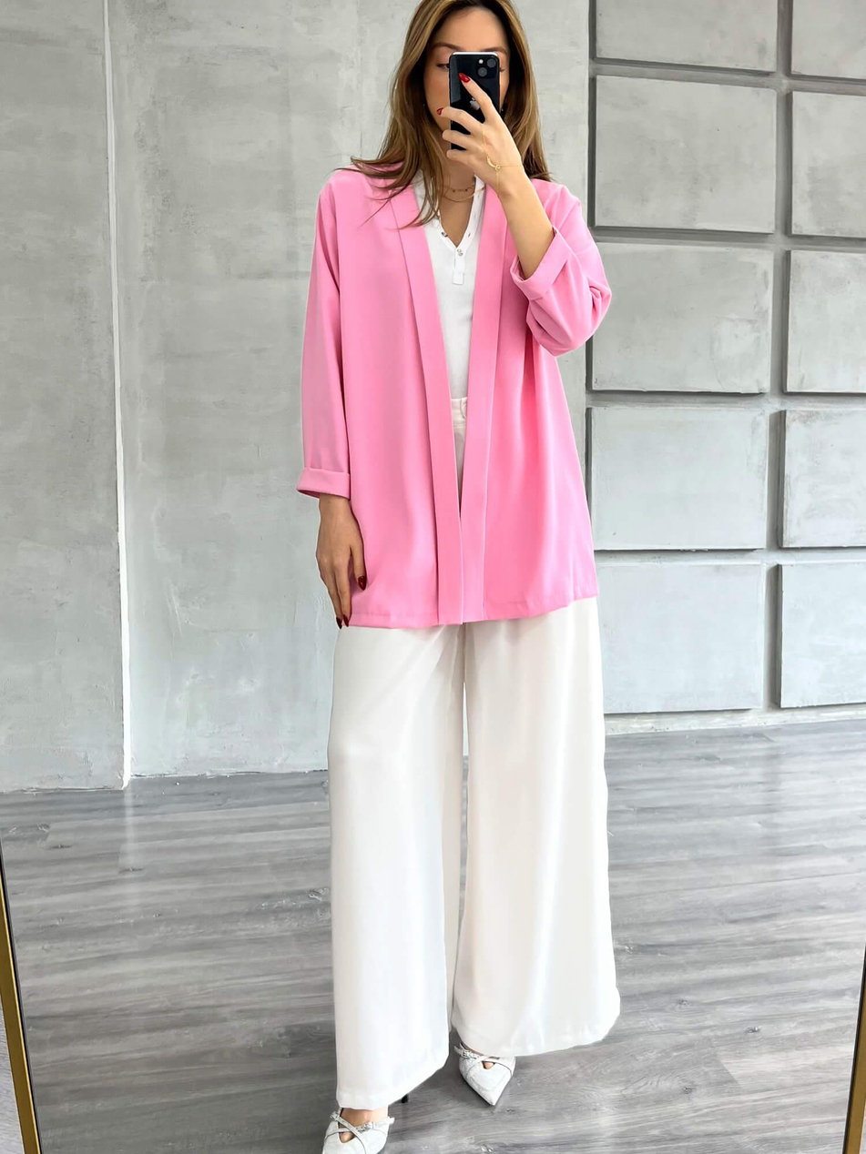 Şal Yaka Midi Kol Ceket Pembe-Coral
