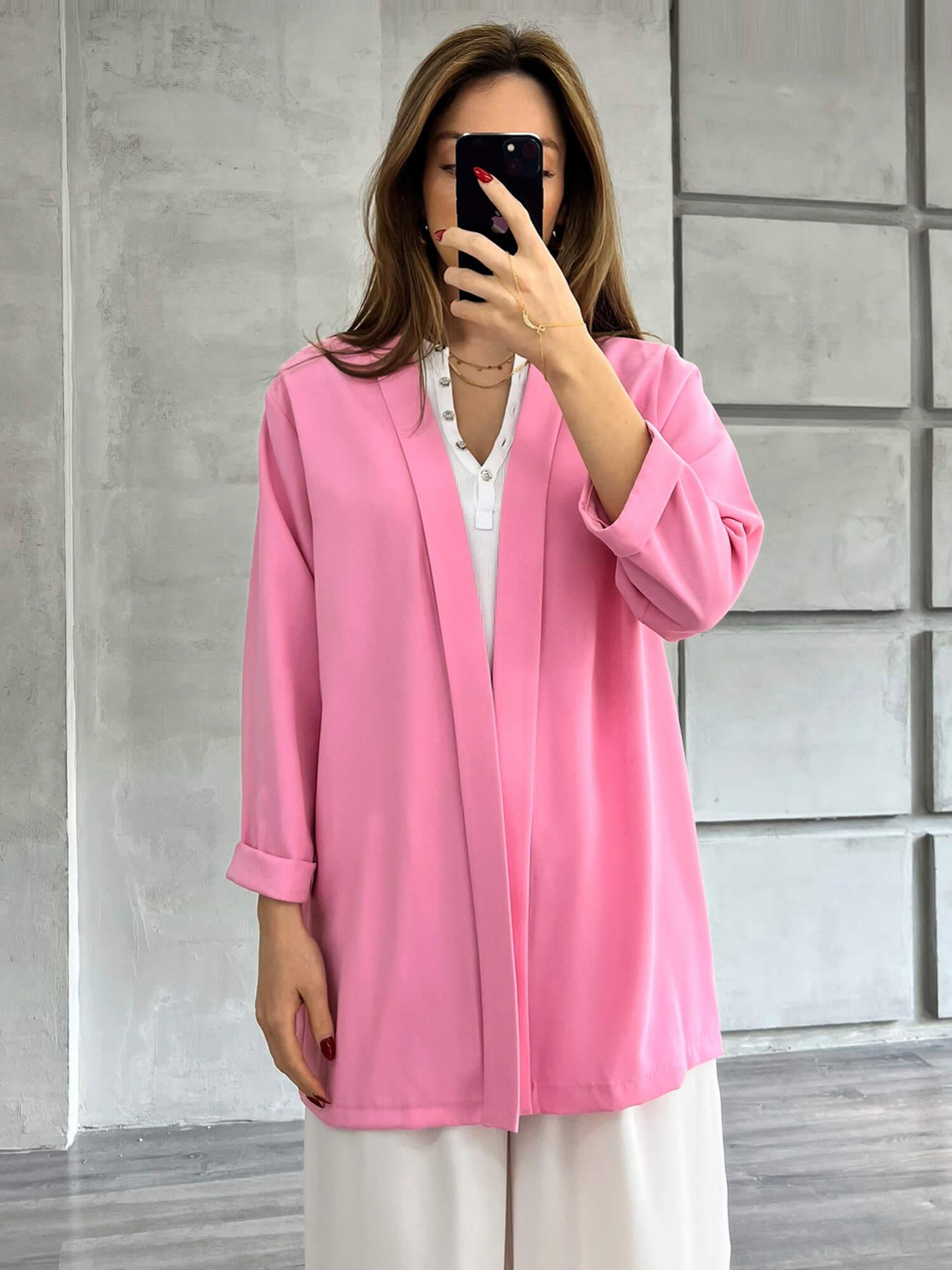 Şal Yaka Midi Kol Ceket Pembe-Coral