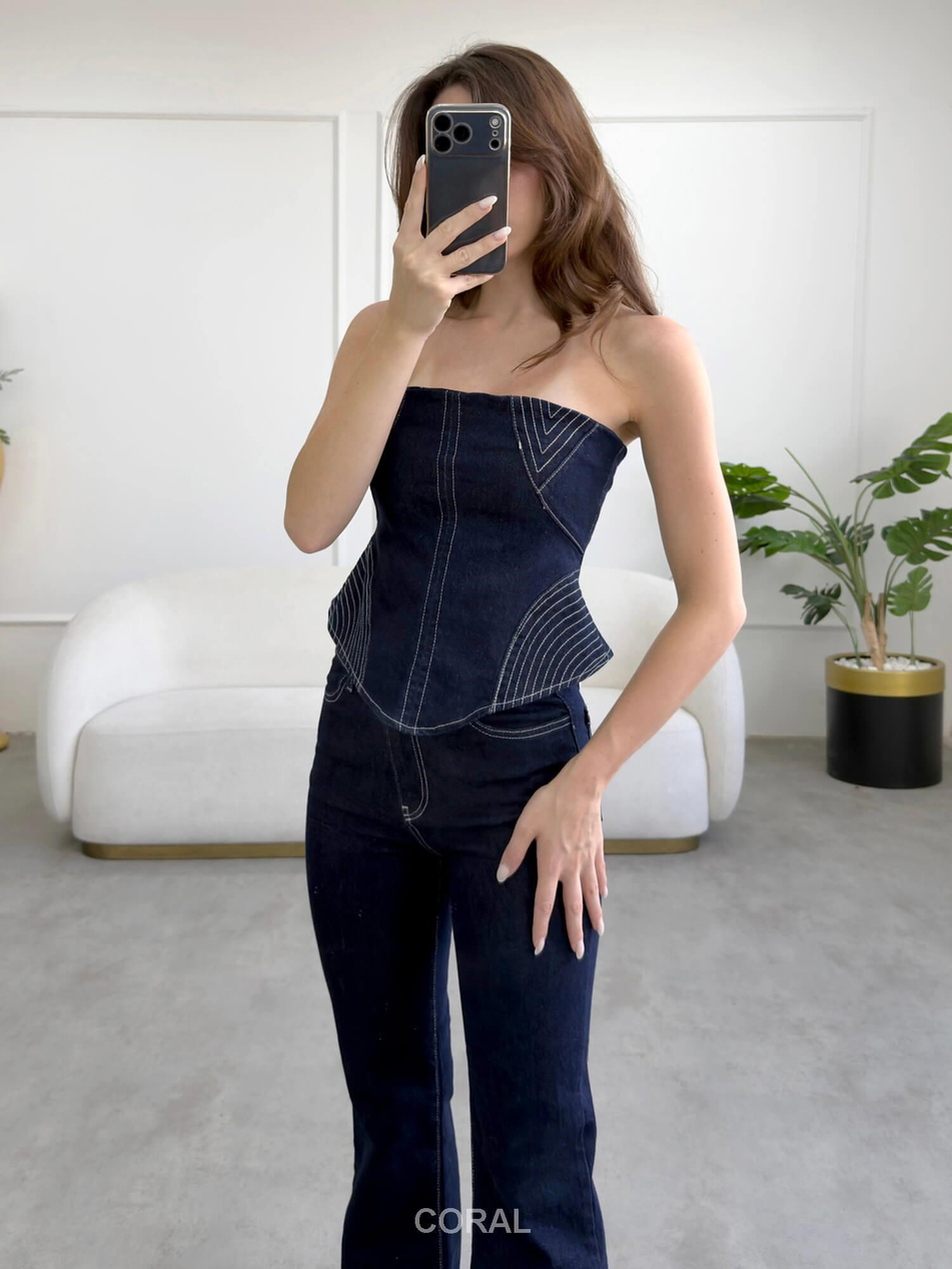 Şeritli Fermuarlı Bluz Pantolon Takım 30153 LacivertCoral