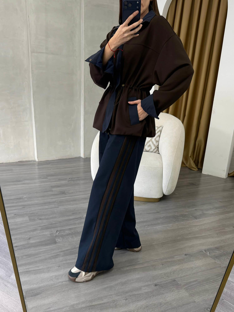 Şeritli Garnili Takım 37060 Kahve - LacivertCoral