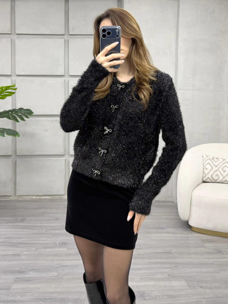 Simli Angora Düğmeli Hırka 7676 SiyahCoral