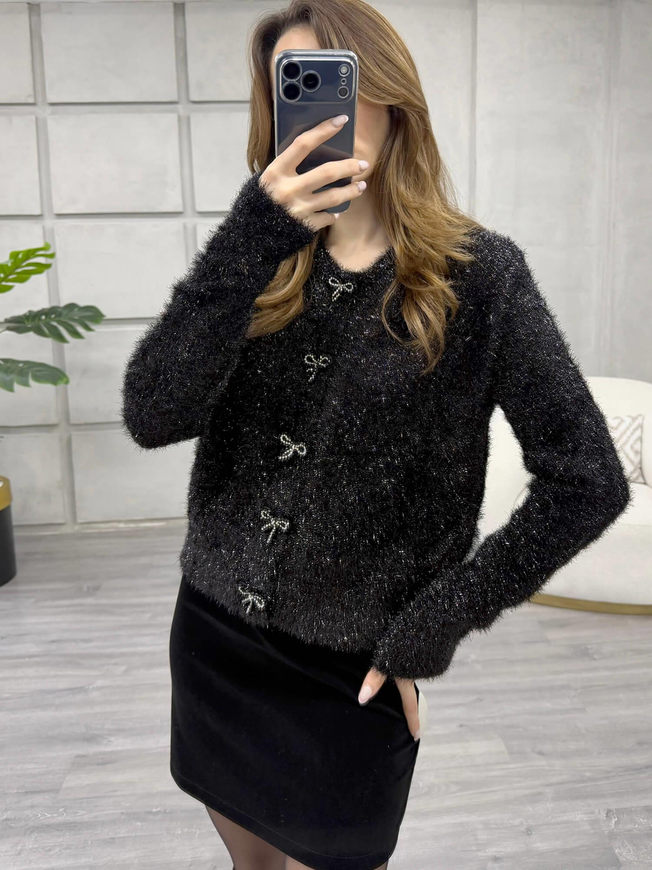 Simli Angora Düğmeli Hırka 7676 SiyahCoral