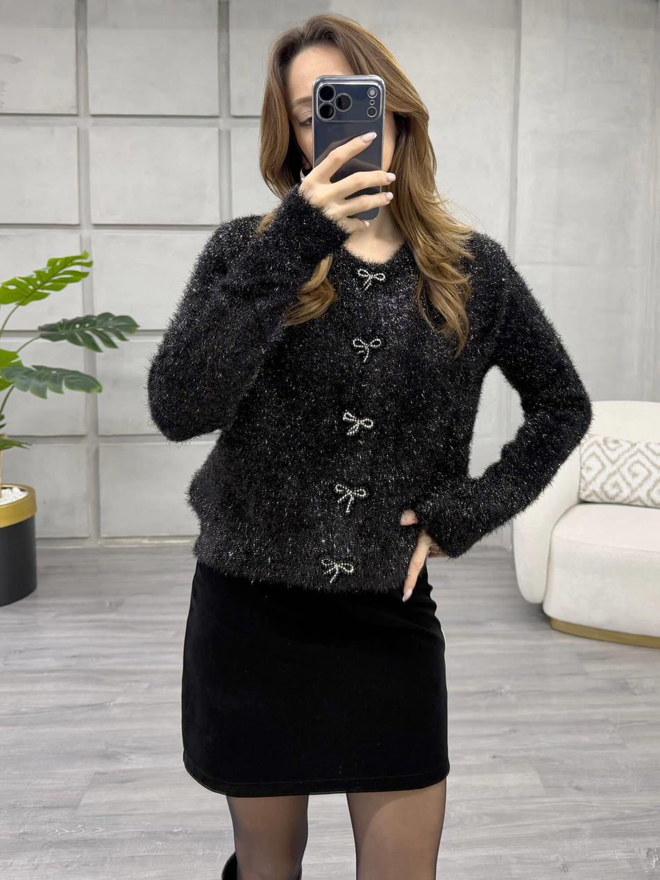 Simli Angora Düğmeli Hırka 7676 SiyahCoral