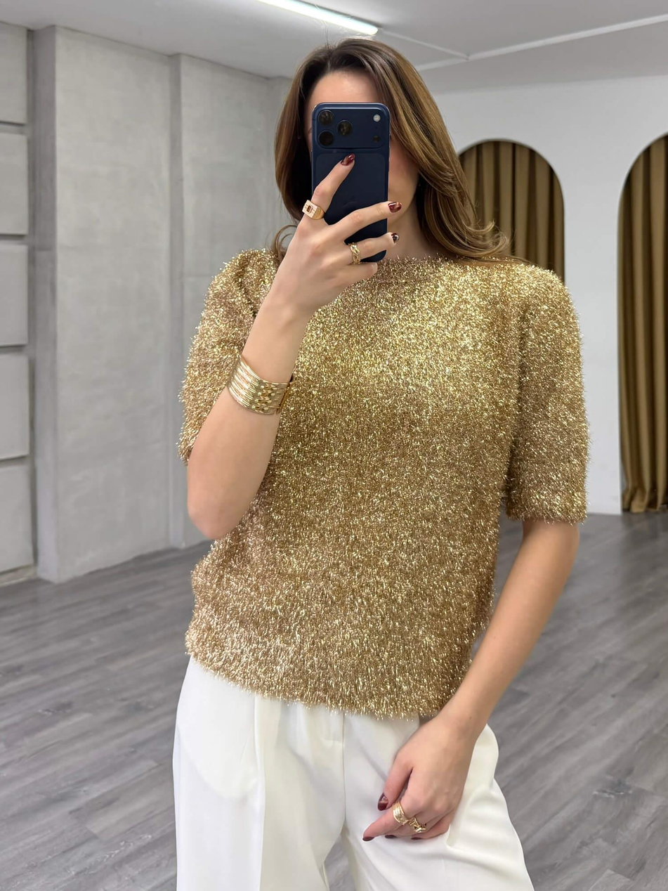 Simli Sakallı Kısa Kol Kazak 7684 AltınCoral