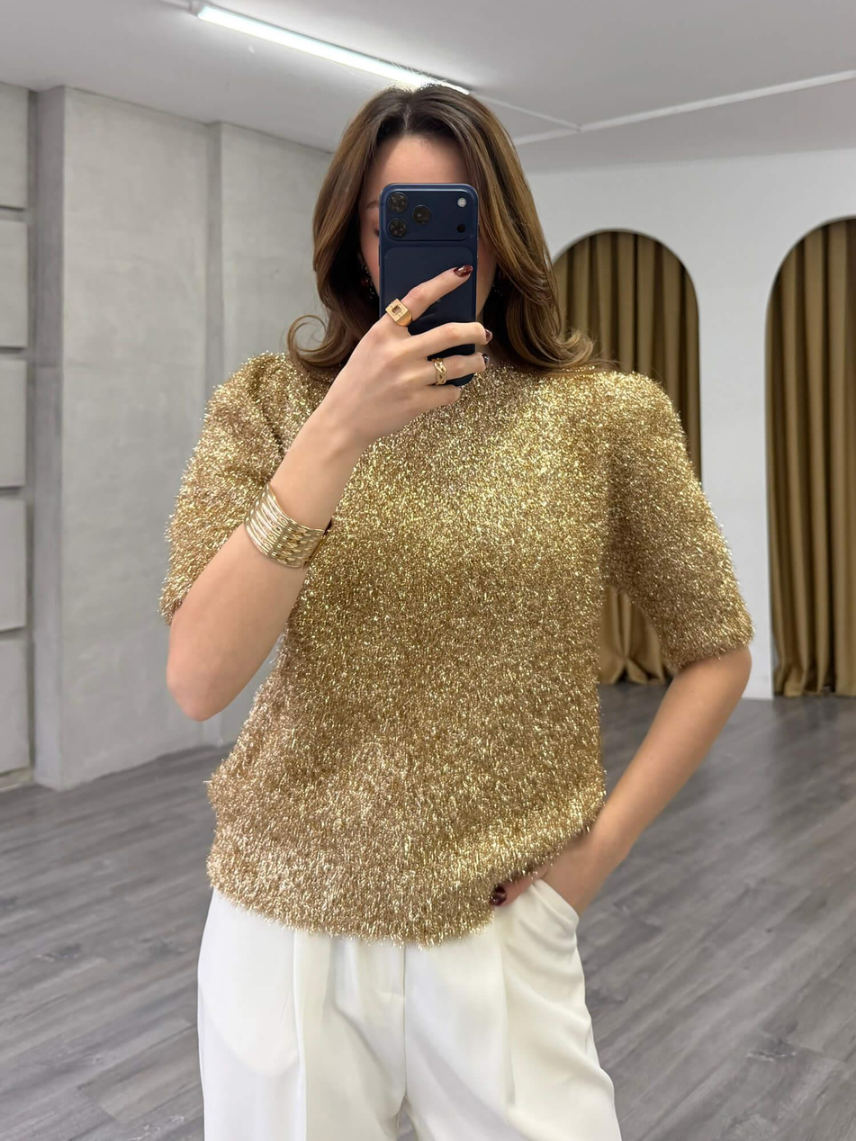 Simli Sakallı Kısa Kol Kazak 7684 AltınCoral