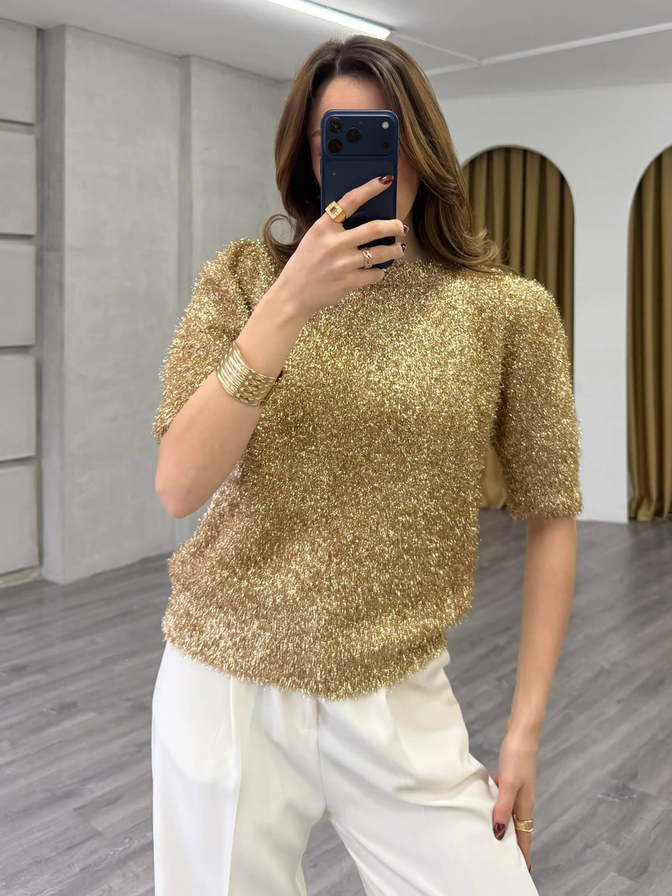 Simli Sakallı Kısa Kol Kazak 7684 AltınCoral