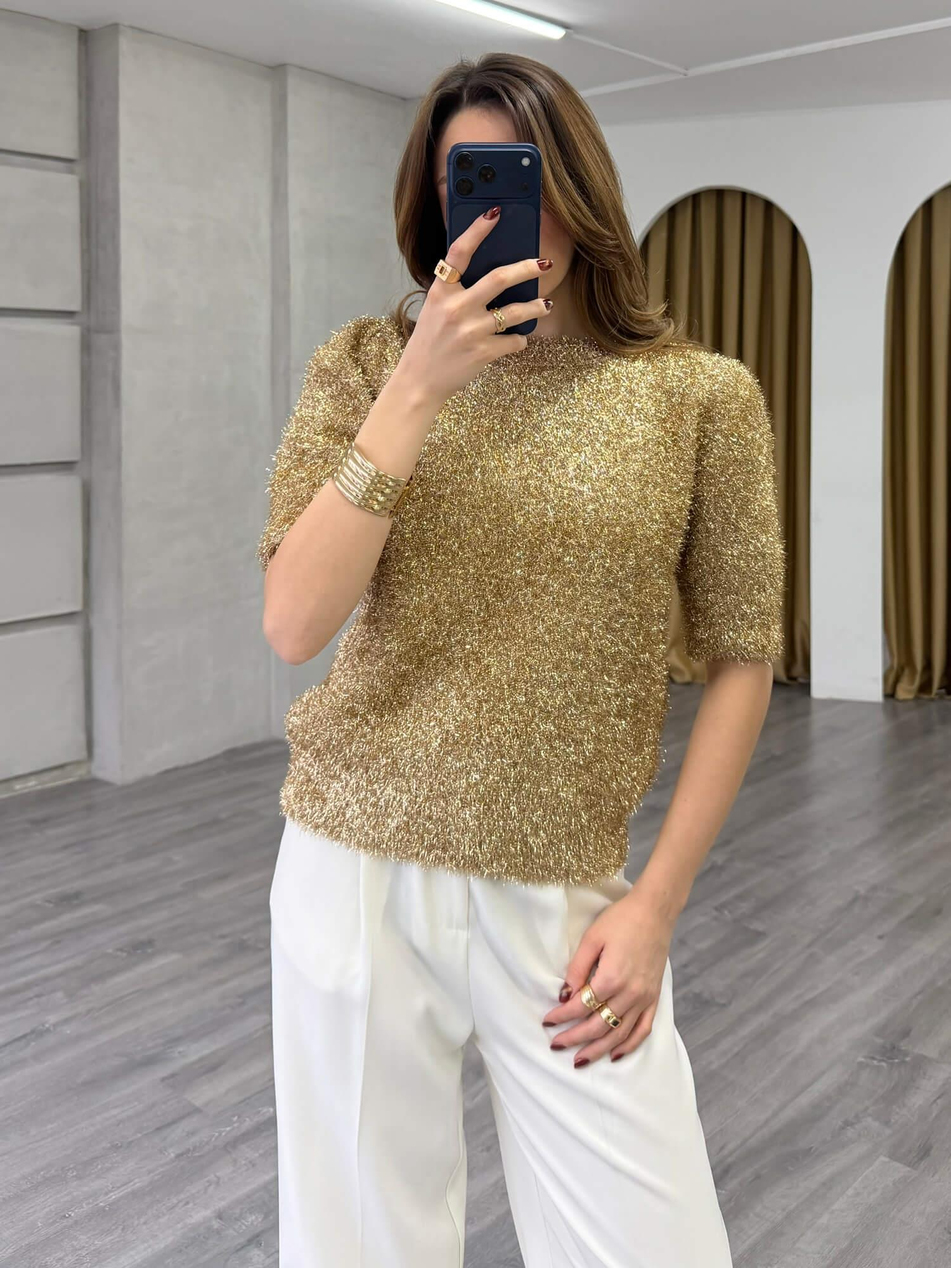 Simli Sakallı Kısa Kol Kazak 7684 Altın