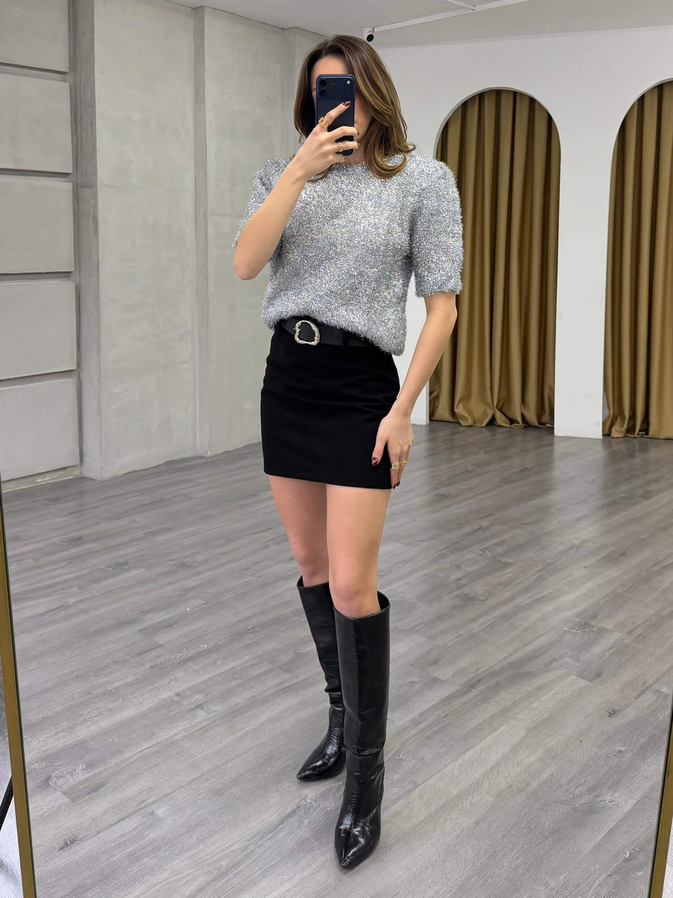 Simli Sakallı Kısa Kol Kazak 7684 GümüşCoral