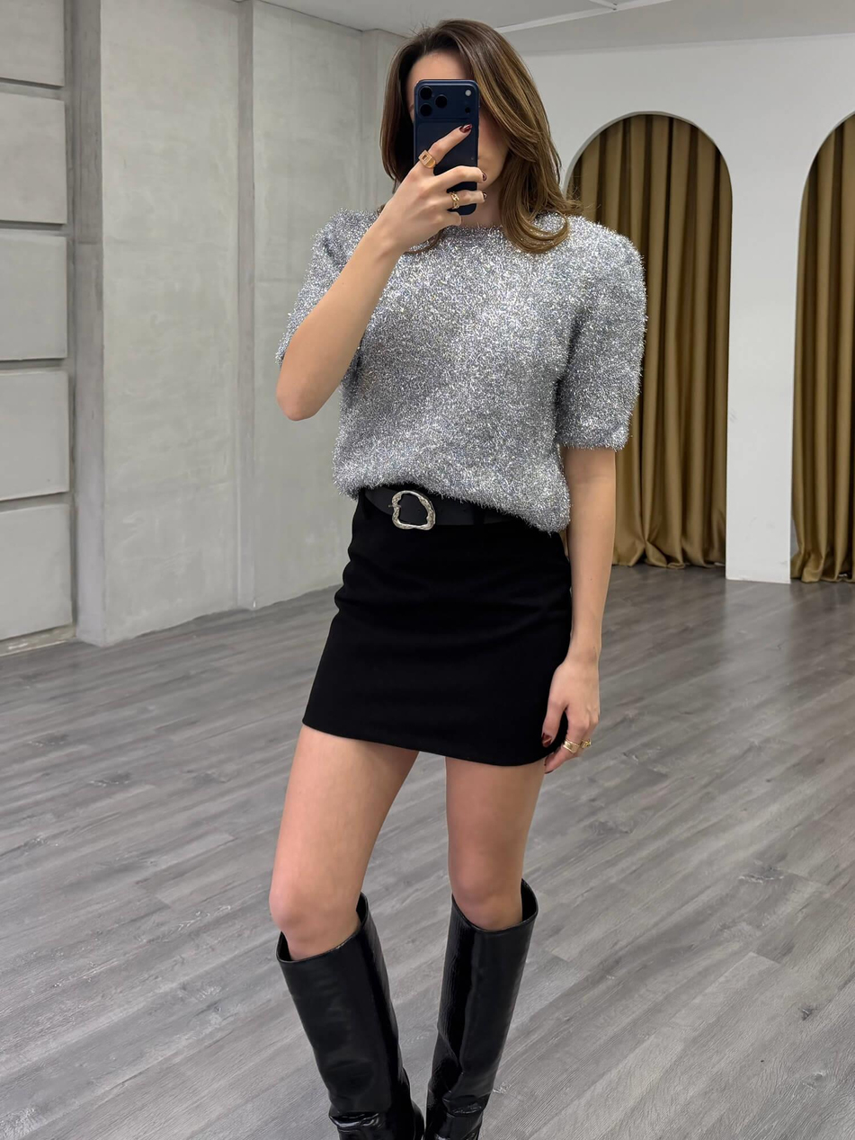 Simli Sakallı Kısa Kol Kazak 7684 Gümüş