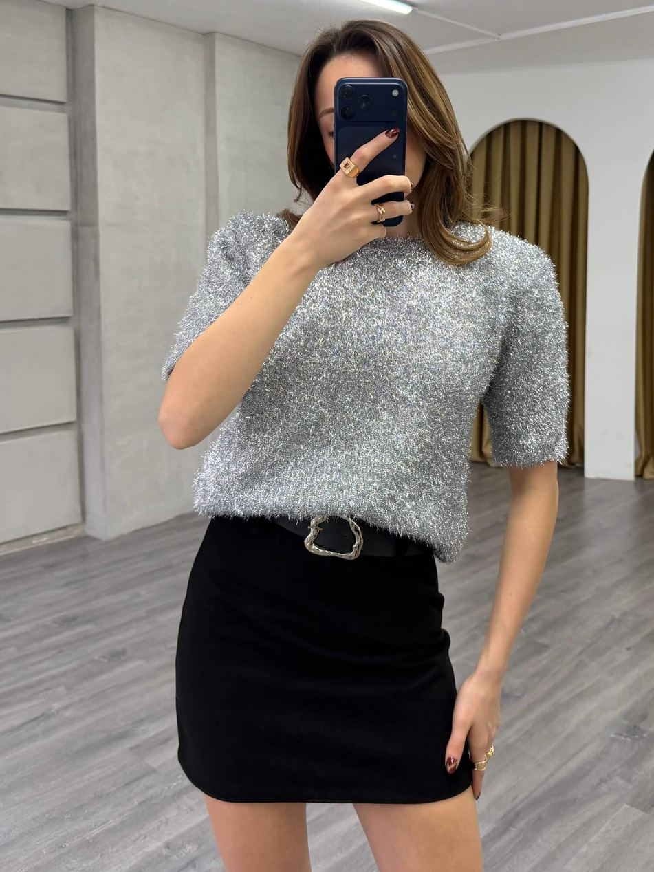 Simli Sakallı Kısa Kol Kazak 7684 GümüşCoral