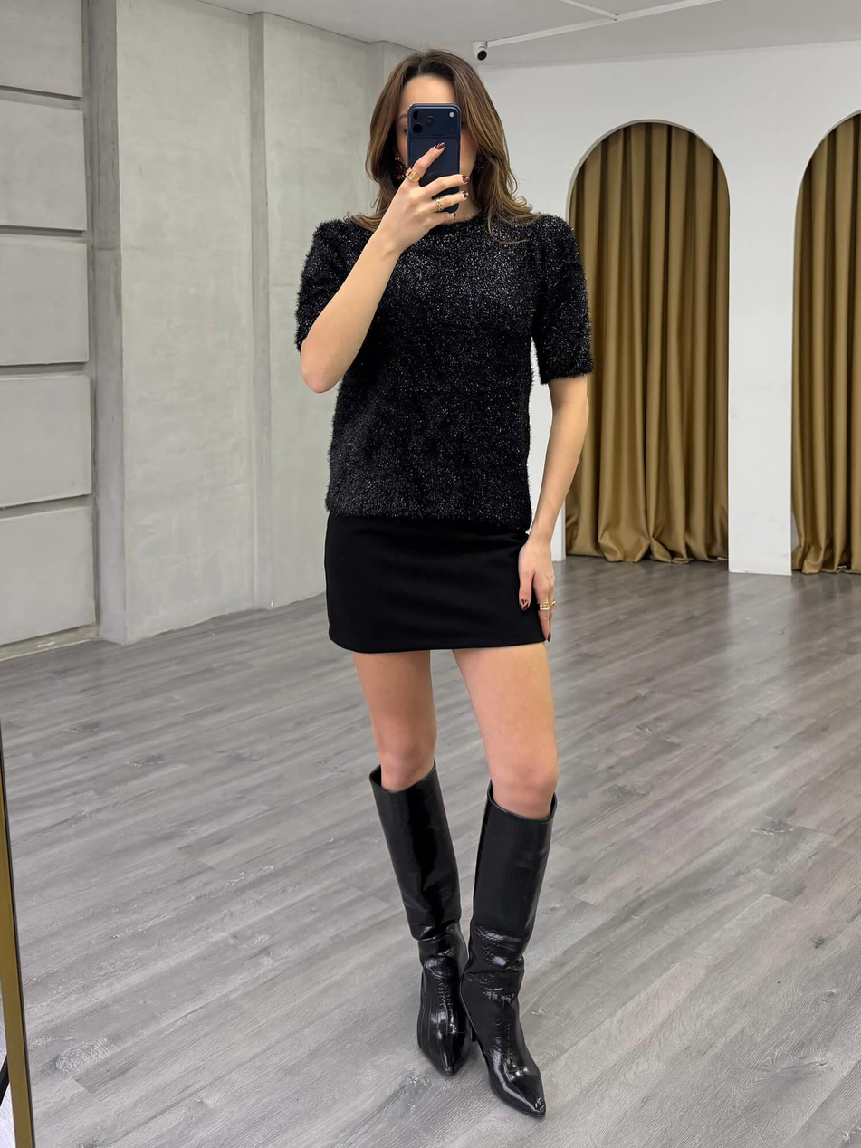 Simli Sakallı Kısa Kol Kazak 7684 Siyah