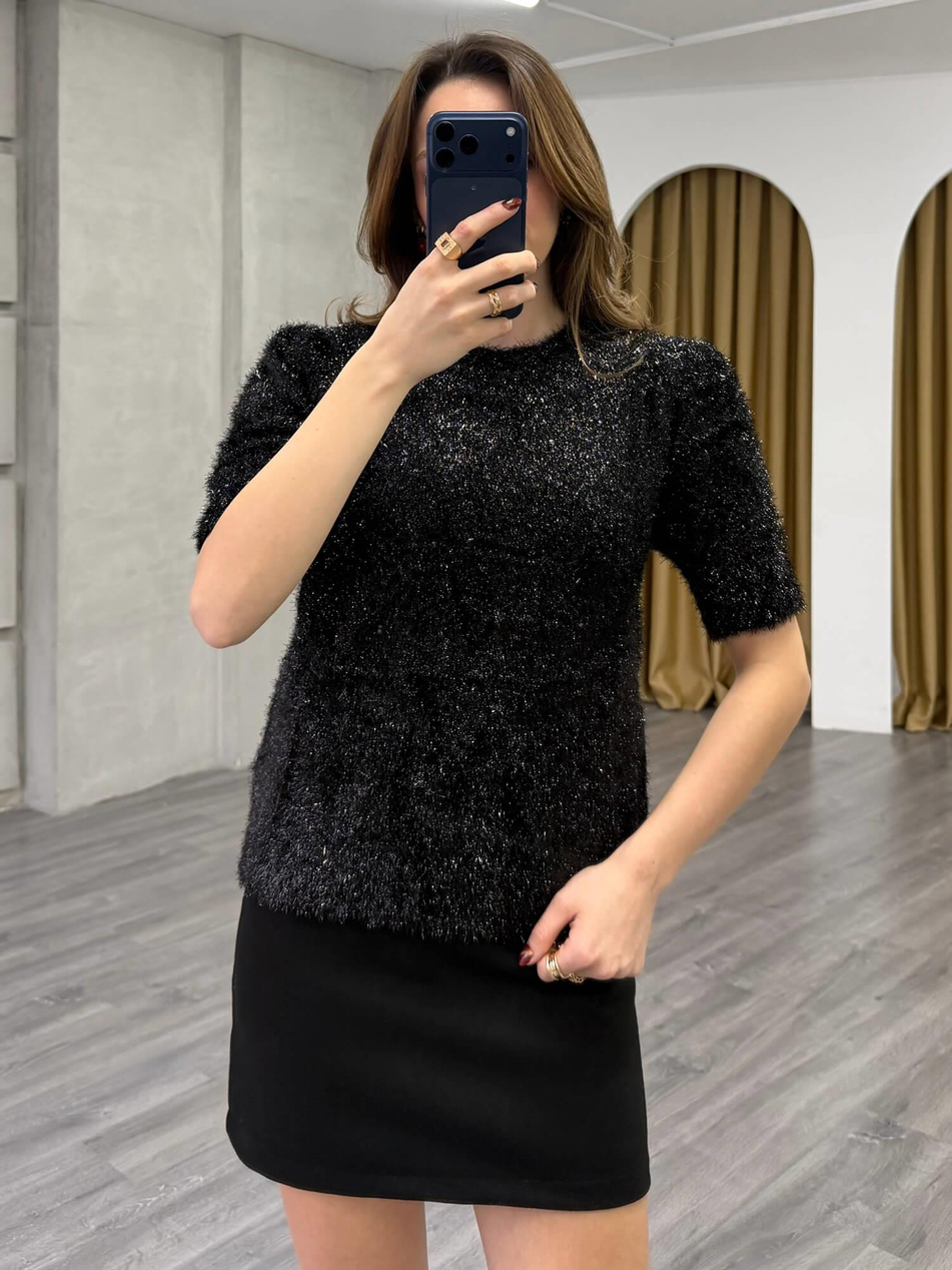 Simli Sakallı Kısa Kol Kazak 7684 SiyahCoral