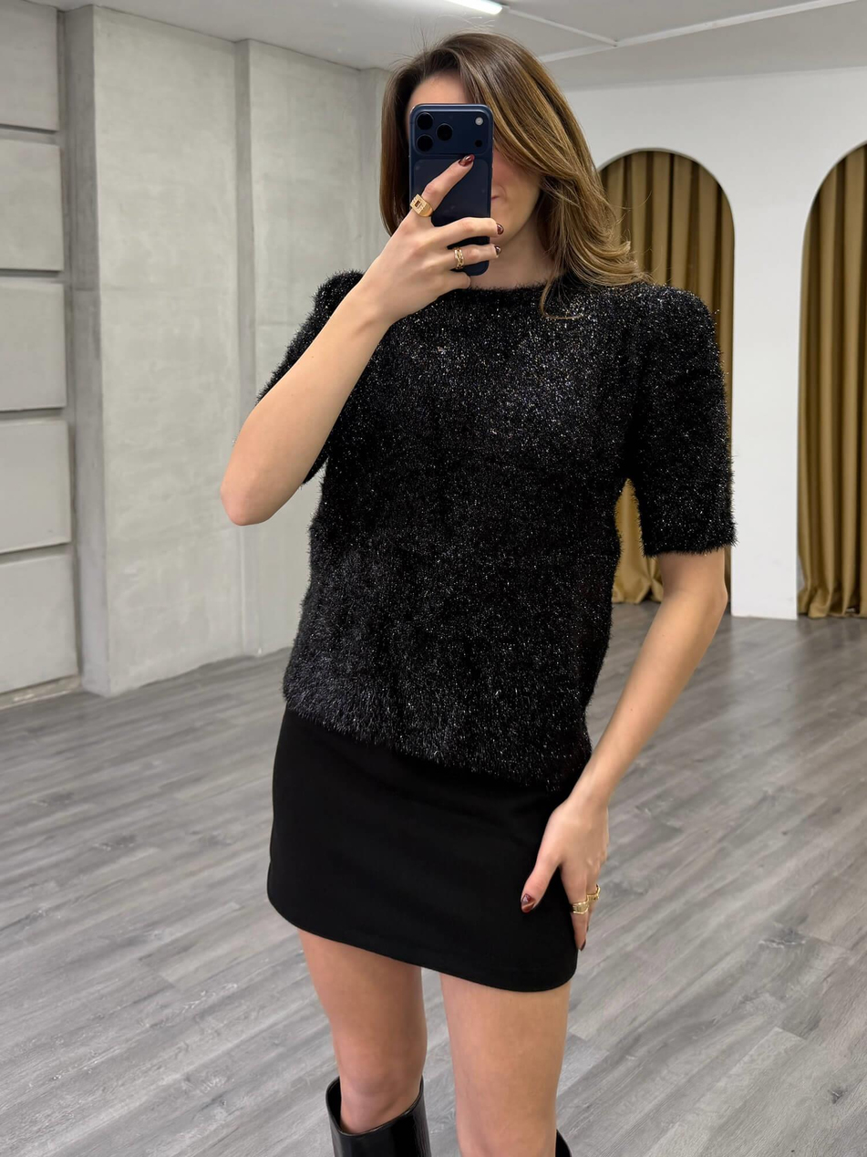 Simli Sakallı Kısa Kol Kazak 7684 SiyahCoral