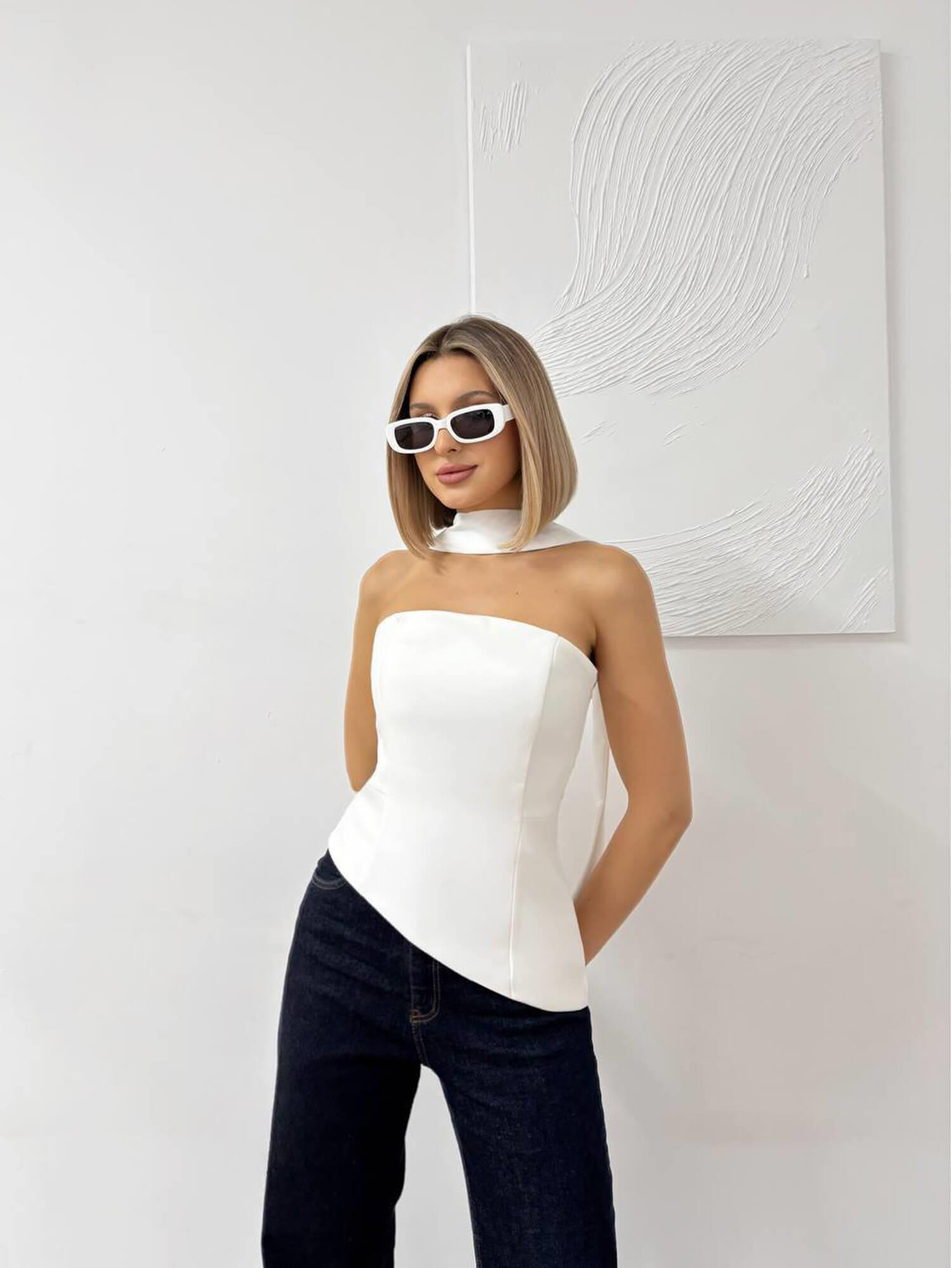 Sırtı Bağcıklı Straplez Verev Bluz 20111 BeyazCoral