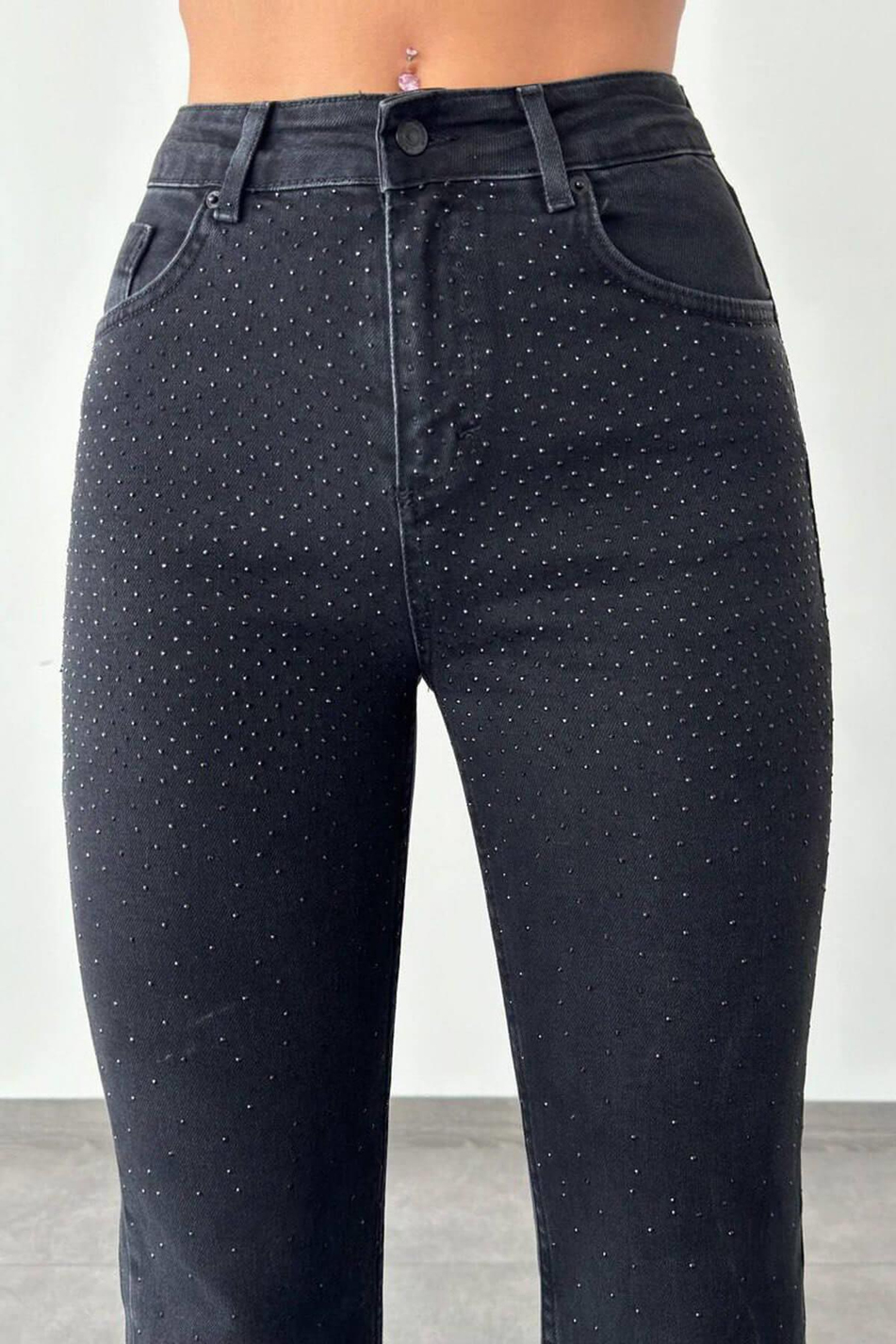 Siyah Taşlı İspanyol Paça Kot Pantolon Siyah-Coral