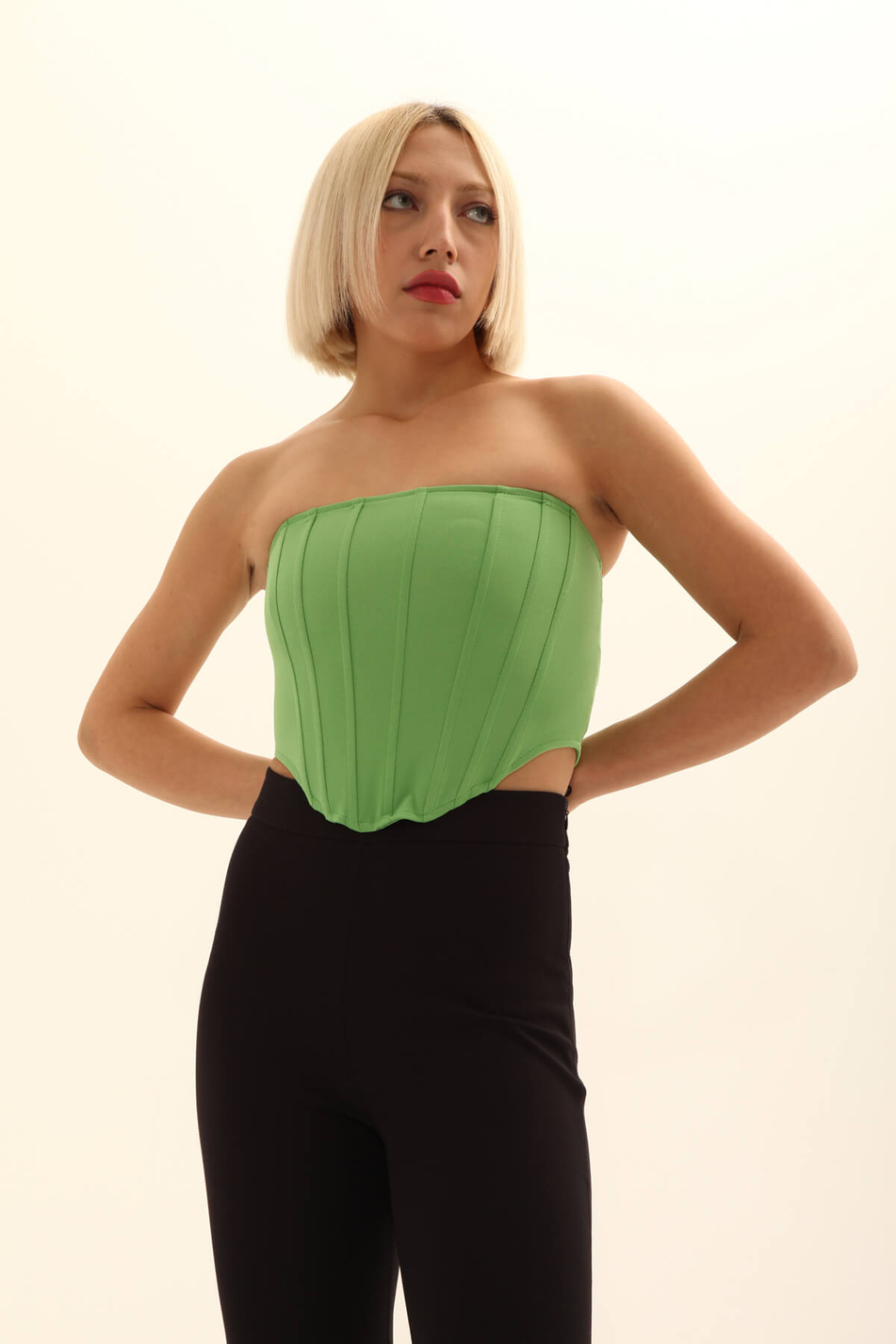 Straplez Korse Top Yeşil-Coral
