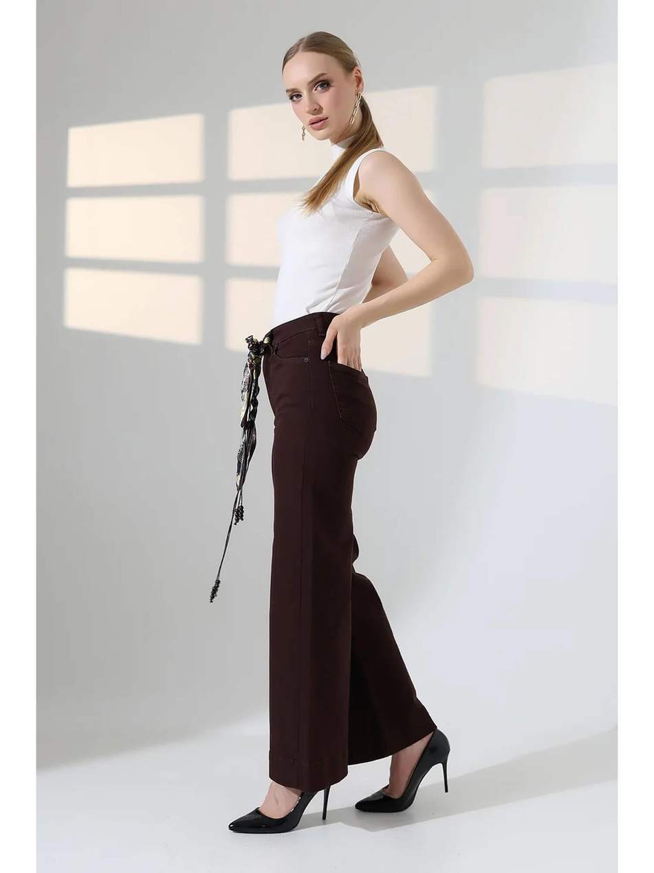 Süet Kemerli Çımalı Bol Paça Pantolon 7163 KahveCoral