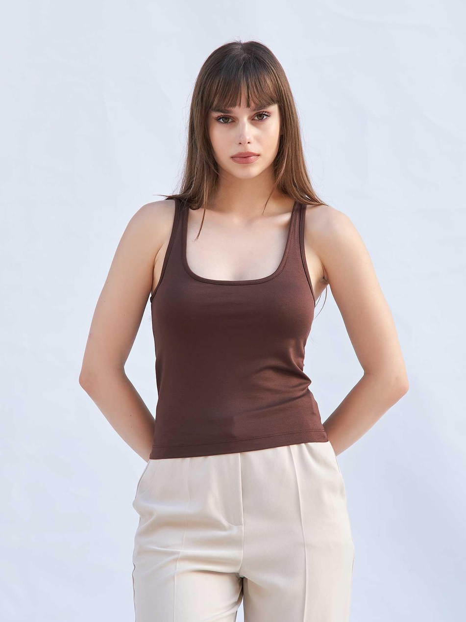 Sütyen Destekli U Yaka Body 060382 KahveCoral