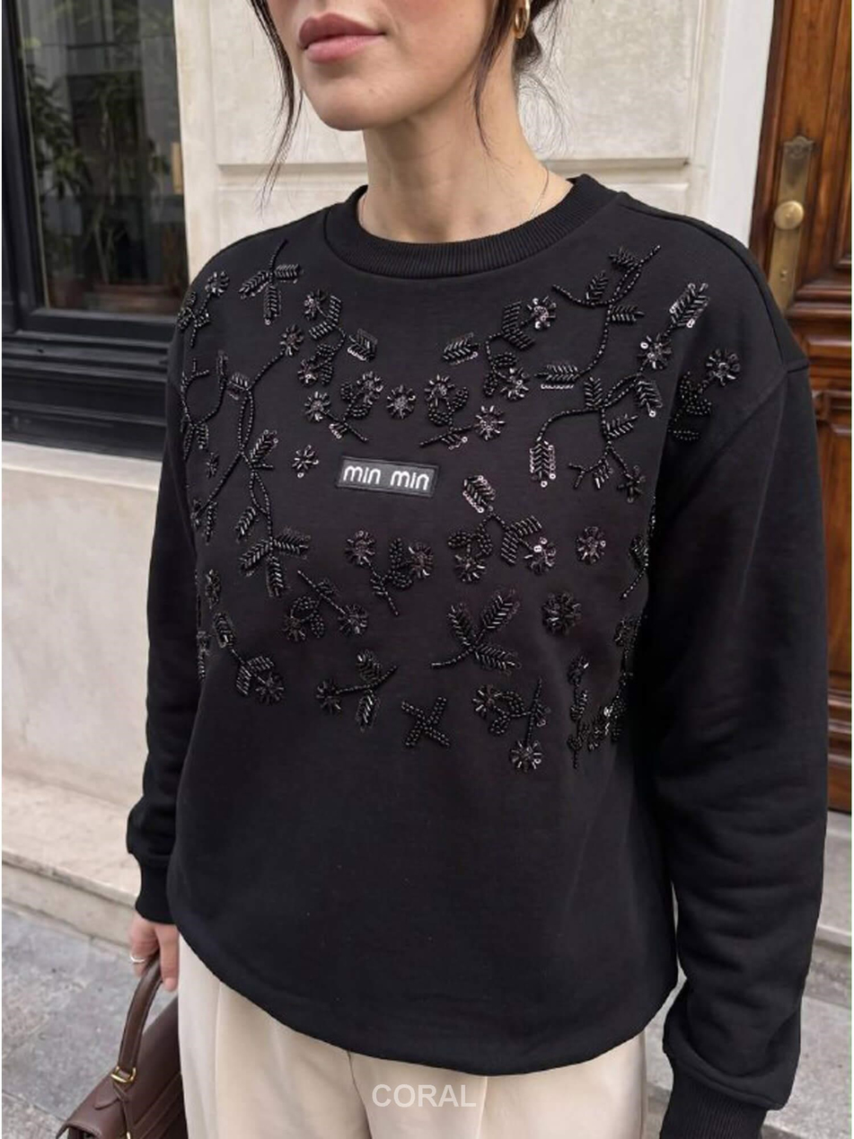 Taş İşlemeli SweatShirt 5911 SiyahCoral