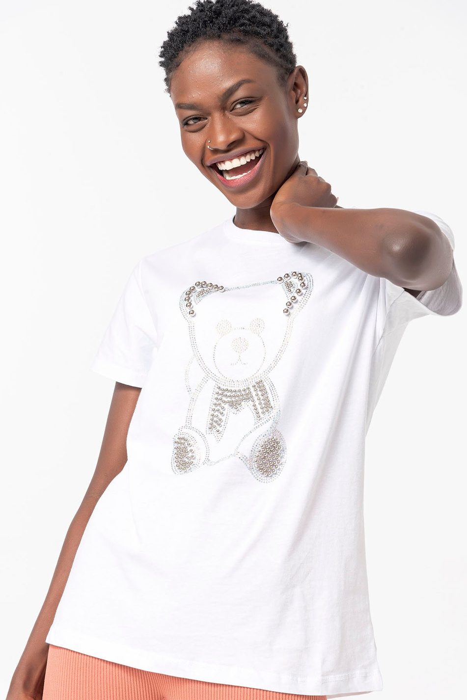 Taşlı Ayıcık Baskılı T-Shirt Beyaz-Coral