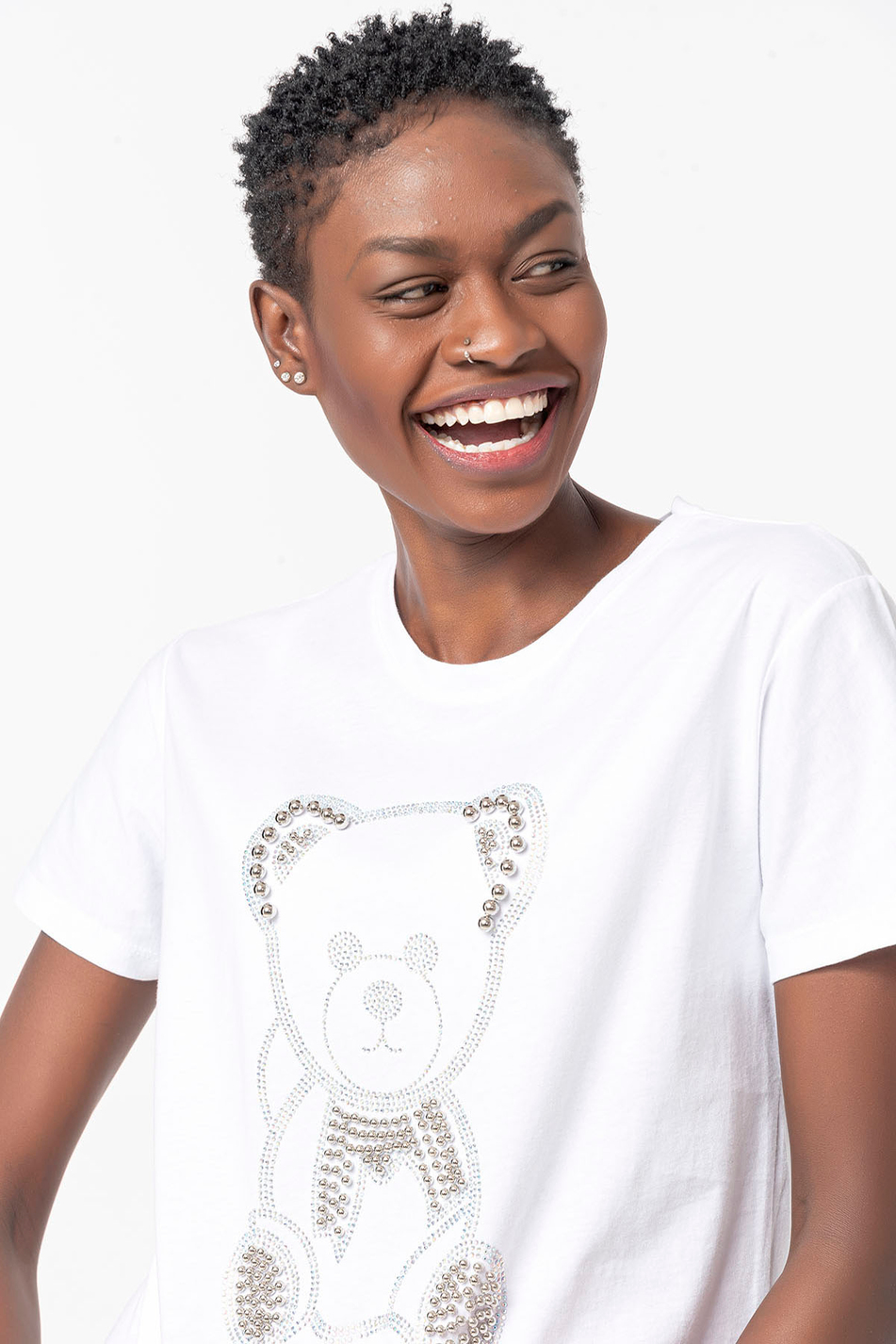 Taşlı Ayıcık Baskılı T-Shirt Beyaz-Coral