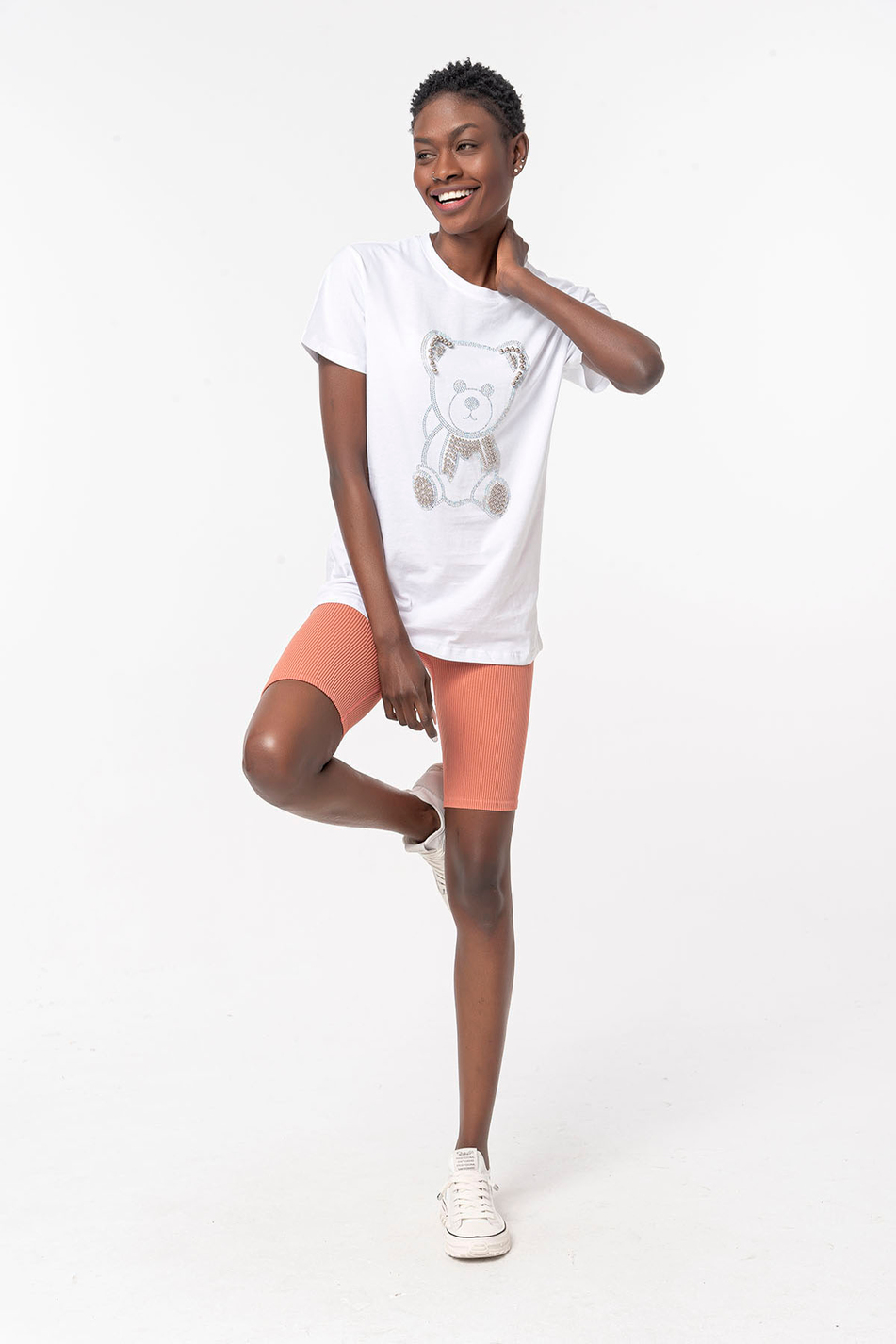 Taşlı Ayıcık Baskılı T-Shirt Beyaz-Coral
