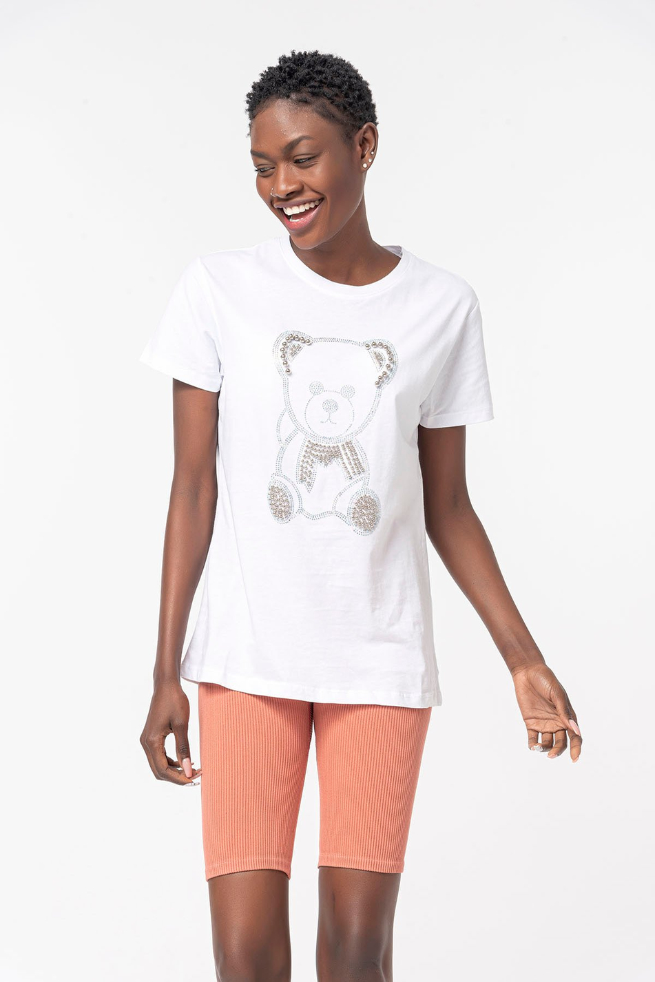 Taşlı Ayıcık Baskılı T-Shirt Beyaz-Coral