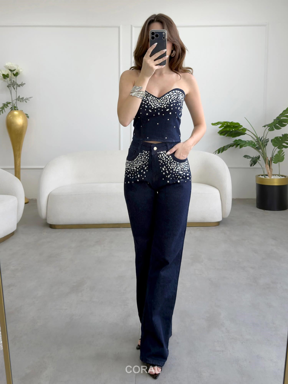 Taşlı Bluz Pantolon Takım 30104 LacivertCoral
