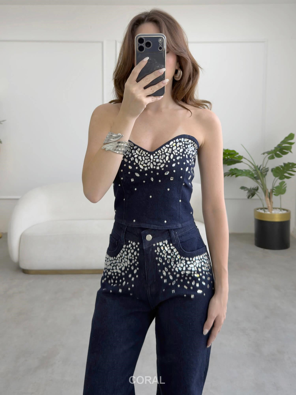 Taşlı Bluz Pantolon Takım 30104 LacivertCoral