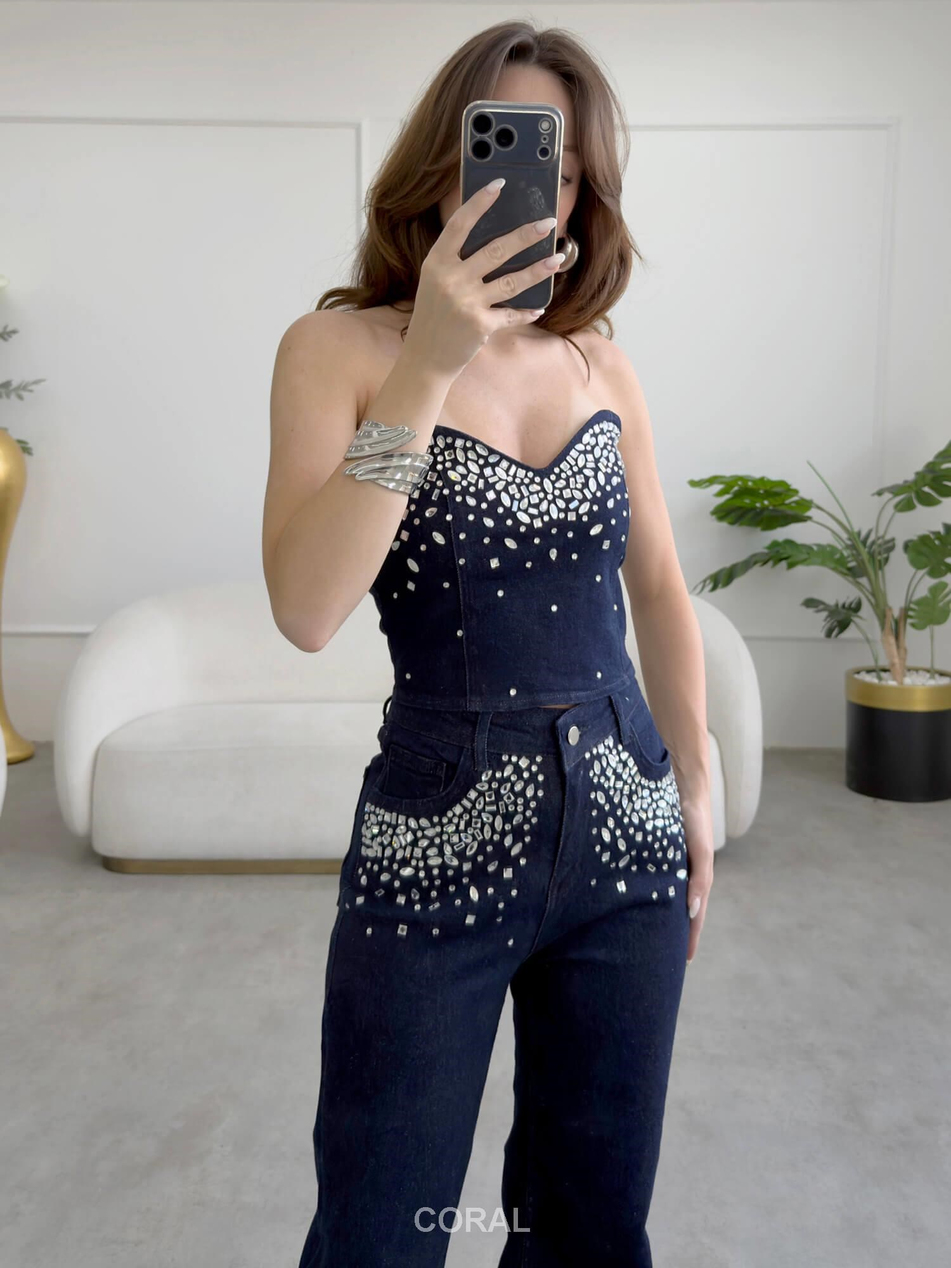 Taşlı Bluz Pantolon Takım 30104 LacivertCoral