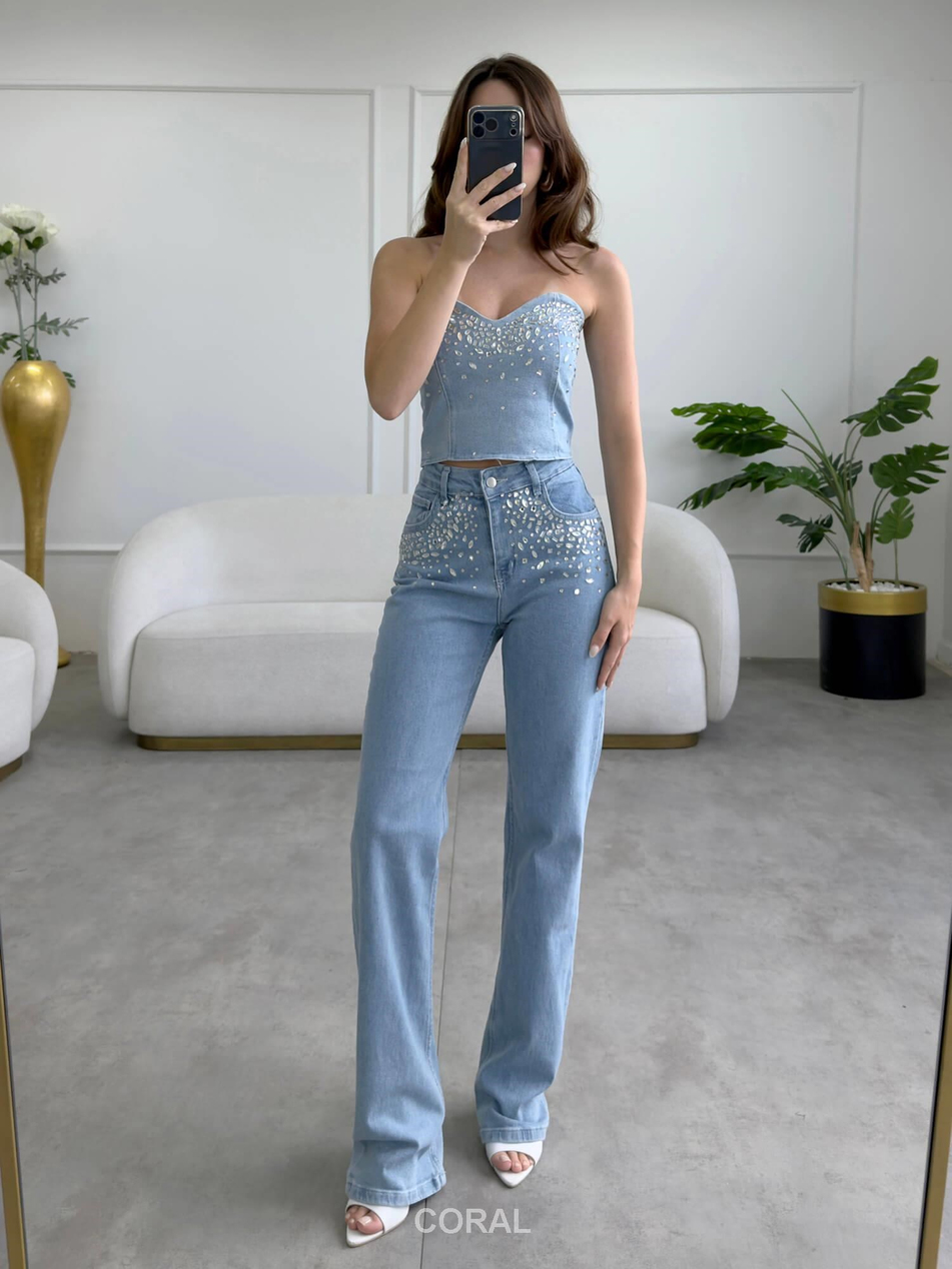 Taşlı Bluz Pantolon Takım 30104 Mavi