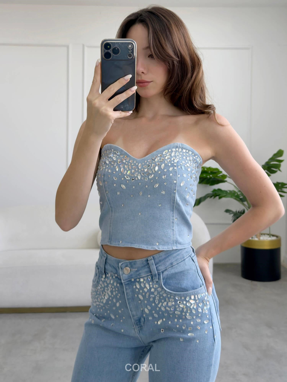 Taşlı Bluz Pantolon Takım 30104 MaviCoral