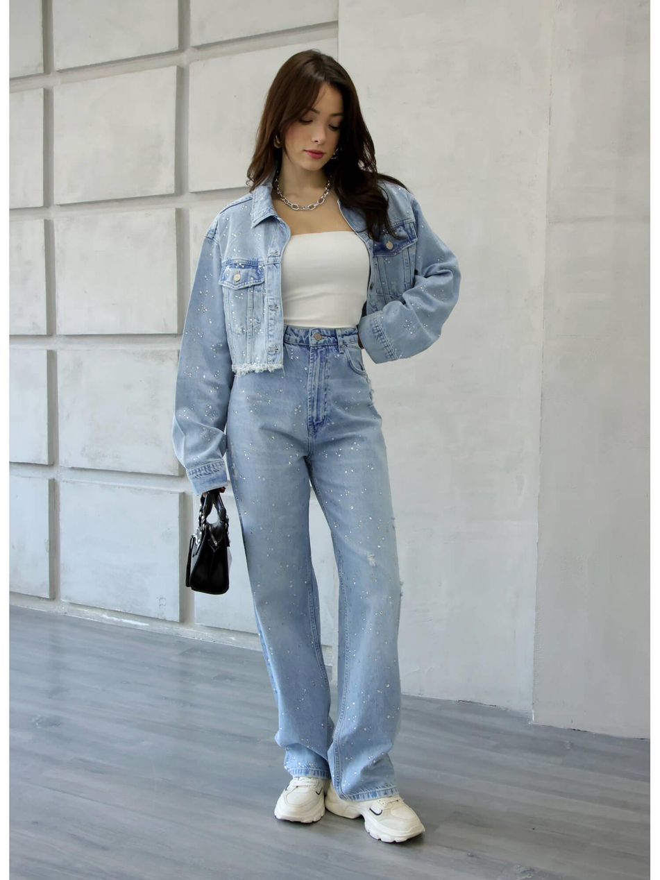 Taşlı Ceketli Kot Takım 8168 Açık MavıCoral
