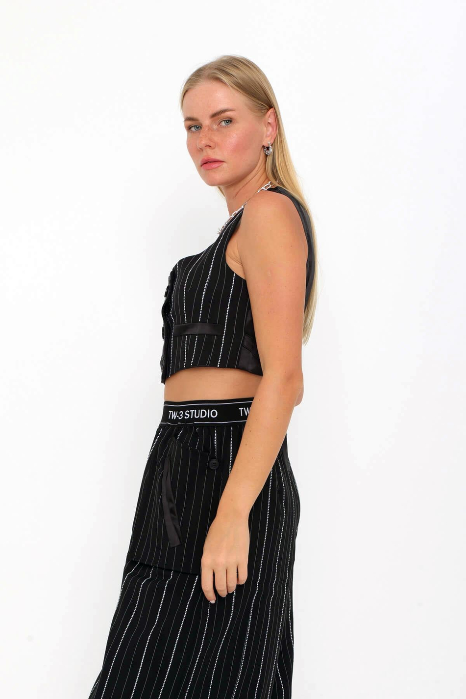 Taşlı Çizgili Yelek Siyah-Coral