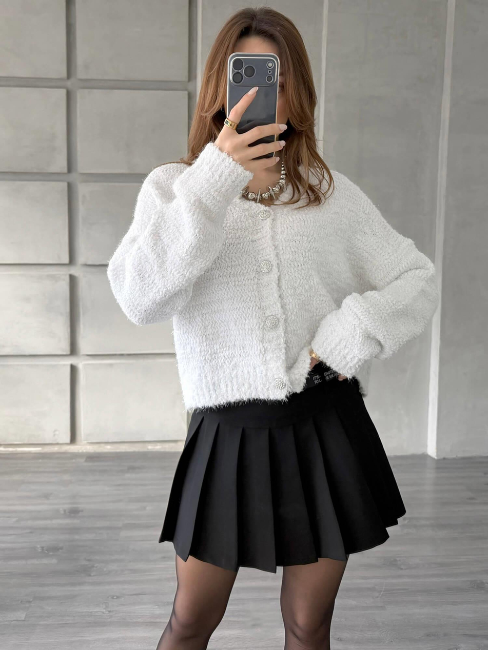 Taşlı Düğmeli Simli Hırka 3186 Beyaz