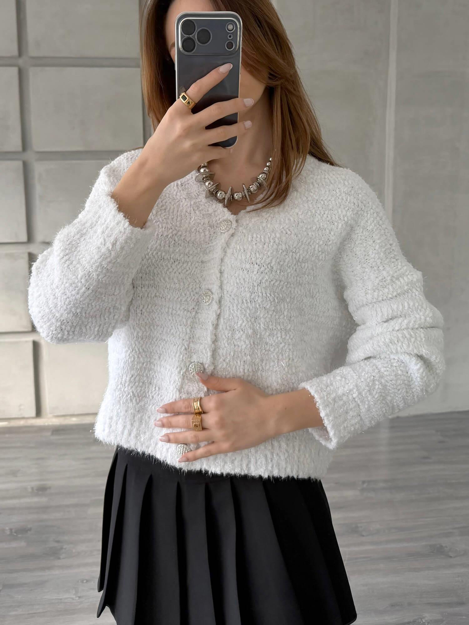 Taşlı Düğmeli Simli Hırka 3186 BeyazCoral