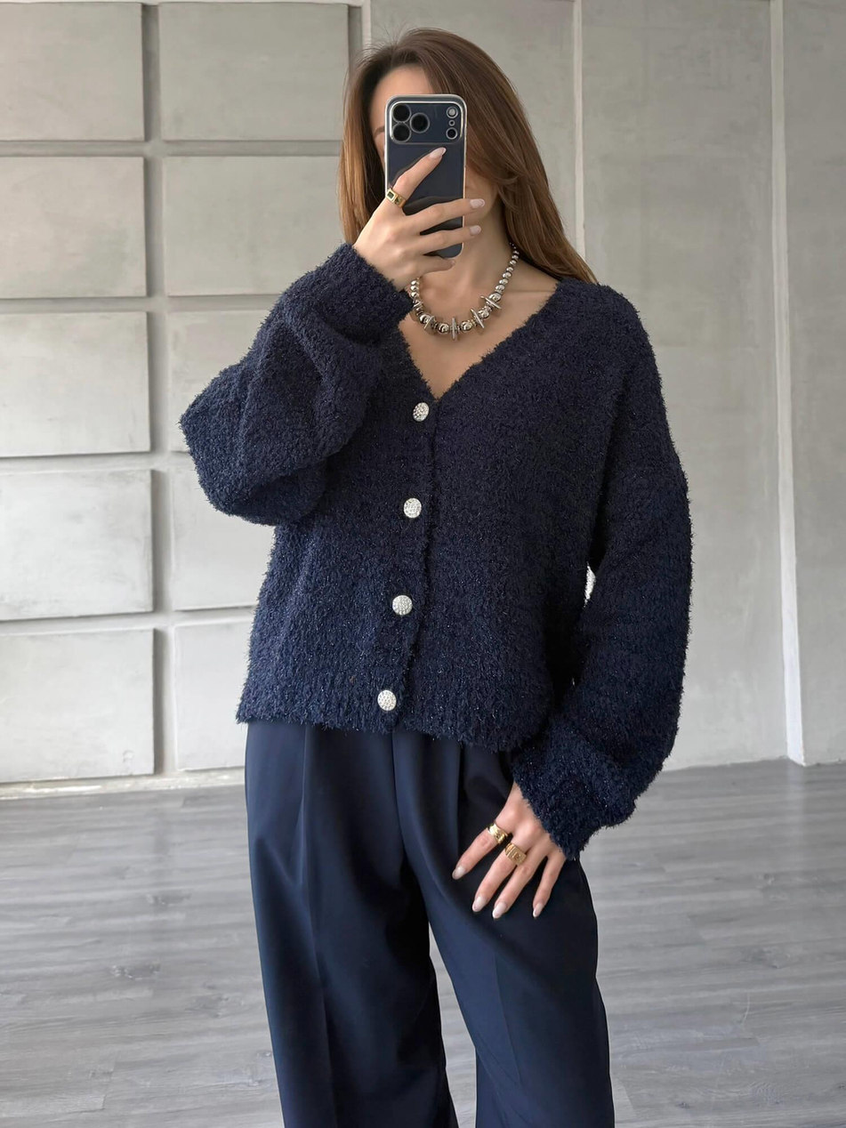 Taşlı Düğmeli Simli Hırka 3186 LacivertCoral