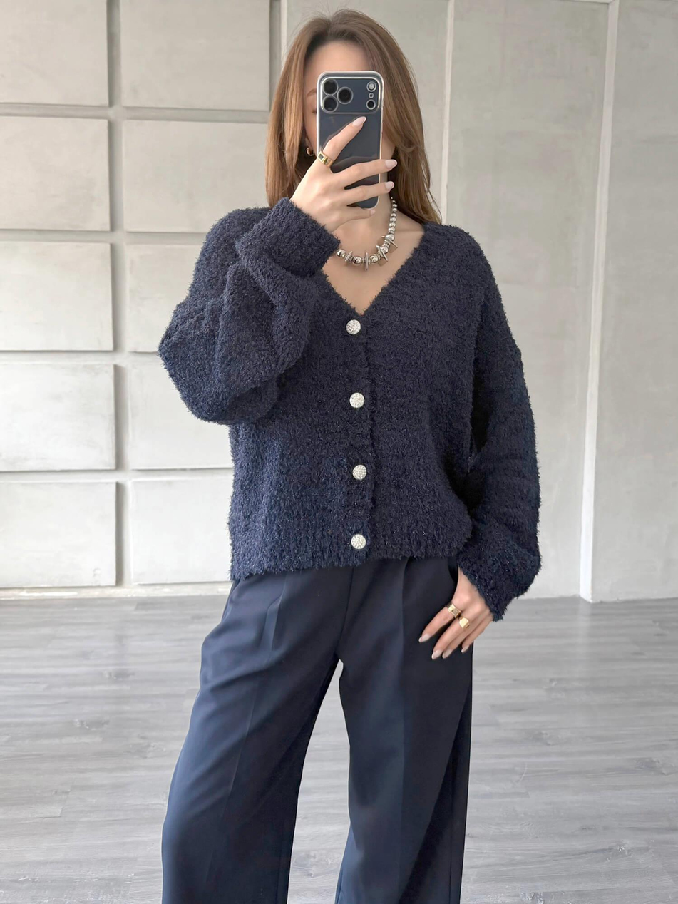 Taşlı Düğmeli Simli Hırka 3186 Lacivert