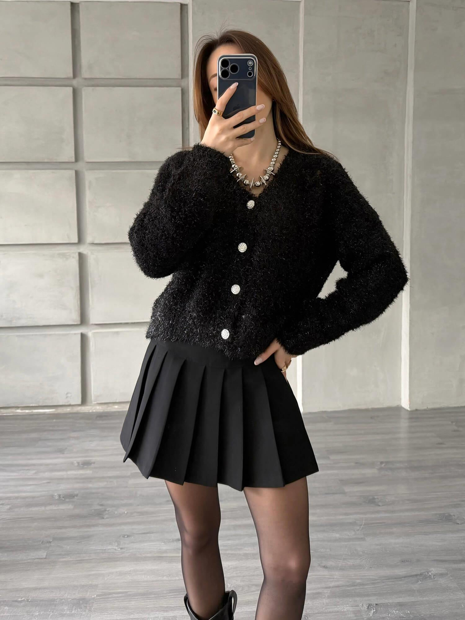 Taşlı Düğmeli Simli Hırka 3186 SiyahCoral